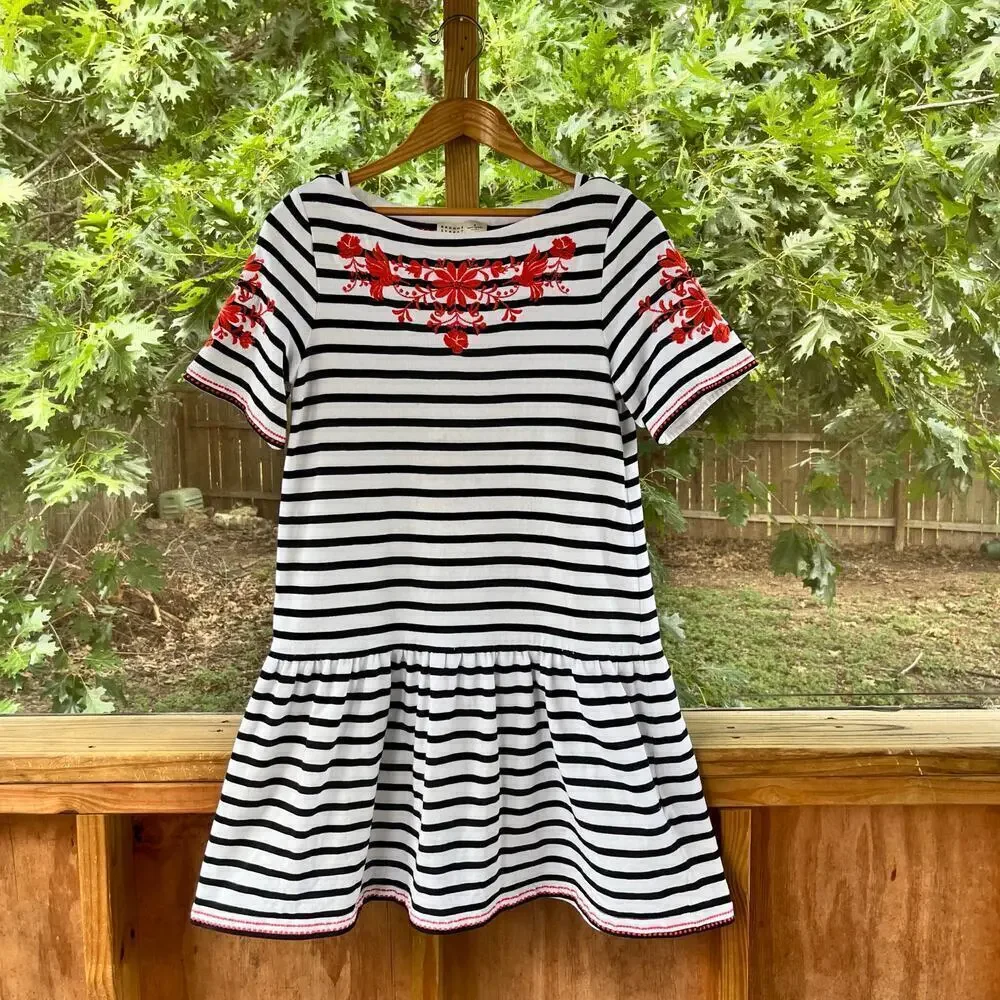 Kate Spade Broome Street Black And White Striped Embroidered Mini Dress Size M